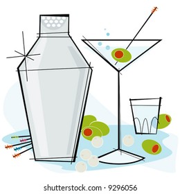 Retro-stylized cocktail spot illustration: Martini with olive