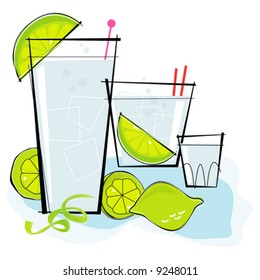 Retro-stylized cocktail spot illustration: Vodka or Gin & Tonic with lime twist