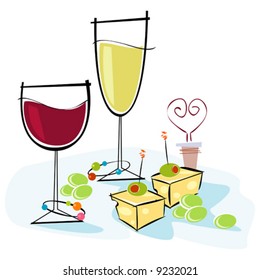 Retro-stylized cocktail spot illustration: Wine & Cheese