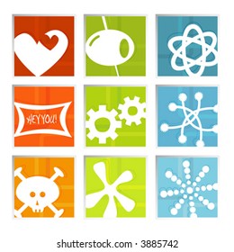 Retro-stylized colorful set of fun icons in beveled frame; symbols kept whole so you can move them around, Easy-edit layered file