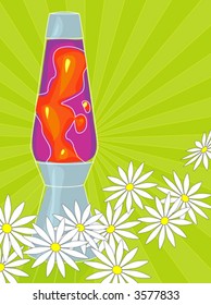 Retro-stylized Lava lamp with white daisies on a radiating line background. Layered file for easy edit.