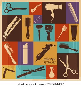 Retro-stylized Set of Hairdressing Supplies with Bright Background and Grunge Texture