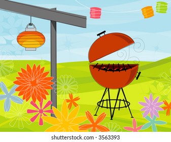 Retro-stylized summer barbeque party. Items are grouped so you can use them independently from the background. Layered file for easy edit--no transparencies or strokes!