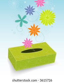 Retro-stylized tissue box with flowers and pollen; Easy-edit layered file.