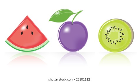 Retro-stylized watermelon, plum, kiwi with reflection and shadow