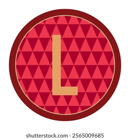 A retro-themed circular vector design highlighting the letter “L” with a warm gold tone and red triangular patterns.