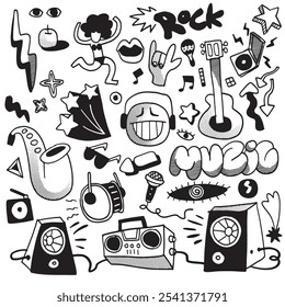 Un collage de doodle de temática retro con Elementos musicales como altavoces, guitarras y auriculares con efecto Halftone en blanco y negro.