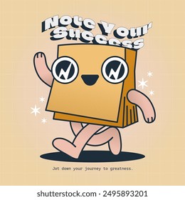 Retro-themed illustration featuring a cute, vibrant character in a cheerful design. Animated style promoting positivity and motivation with a catchy phrase and supportive subtext.