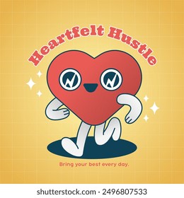 Retro-themed illustration featuring a cute, vibrant character in a cheerful design. Animated style promoting positivity and motivation with a catchy phrase and supportive subtext.