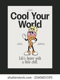 Retro-themed poster featuring a lively ice cream cone mascot with bold typography, ideal for dessert branding or fast food advertising campaigns.