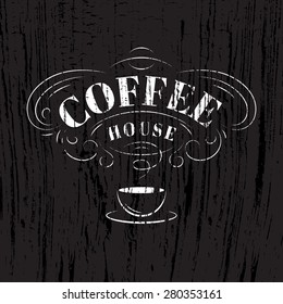 Retro-Vintage coffee house label stamp on wooden texture. Vector illustration.