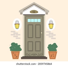 Retro-vintage front door. Brick wall. The exterior of the house. Entrance to the house. A pot of herbs. Hand-drawn color vector illustration isolated on beige background