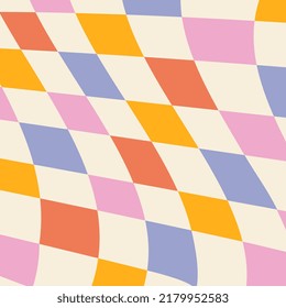 Retro-vintage hippie-style background in the style of the 70s and 80s. Flat vector illustration. Checkered wavy pastel background.