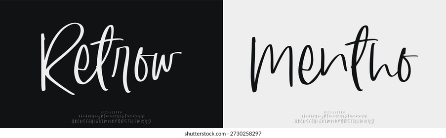 Retrow Mentho, Script Font, estética, mayúsculas, minúsculas y números. fuente de boda, letras clásicas, diseños de moda minimalistas. Tipografía moderna serif Fuentes concepto vintage decorativo regular. Vector