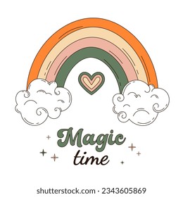 Retrowave 80s art retro rainbow vector illustration. Rainbow retro style. Magic time lettering phrase text with rainbow.