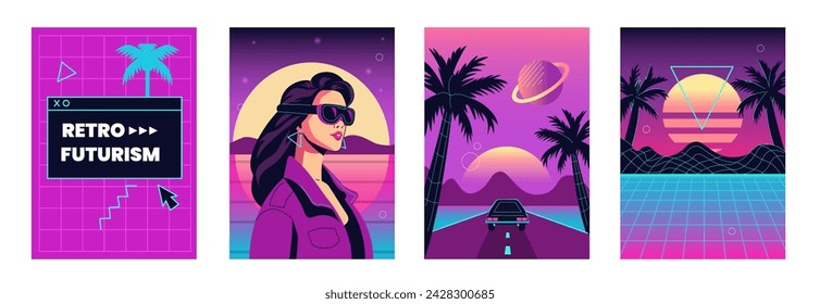 Retrowave 80s nostalgic concept set. Retro futuristic style posters or backgrounds with car, neon sunset and woman wearing virtual reality glasses. Vector illustration  