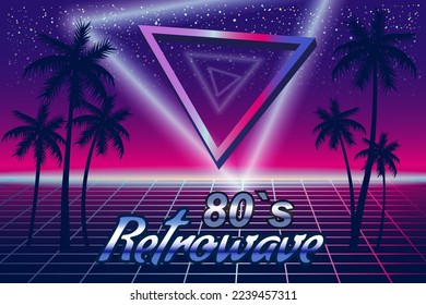 Retrowave 80's retro banner vaporwave aesthetic background. Palms silhouette triangle grid 3d, sunset Synthwave