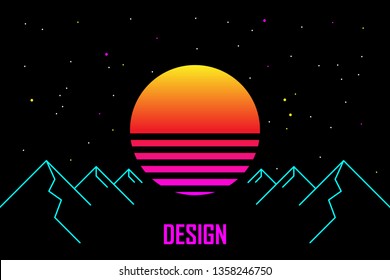 Retrowave Abstract Background 3d Retro Synthwave. Neon colors popular games. Retro low poly grid wireframe landscape. Black, purple, pink, blue colors.