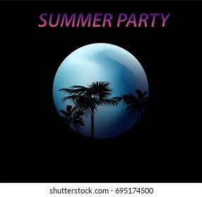 Retrowave abstract background in 80s style with palm leaves and sunset.