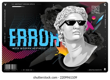 Retrowave abstract design with ancient statue in pixel sunglasses. Black flowers and bright abstract elements on background. Vector art.