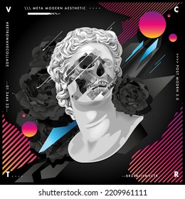 Retrowave abstract design with ancient statue. Sculpture with masked skull on front. And black flowers with dynamic elements on background. Vector art.