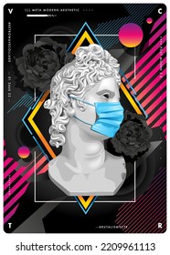 Retrowave abstract design with ancient statue in medical mask. Black flowers and bright dynamic elements on background. Vector art.