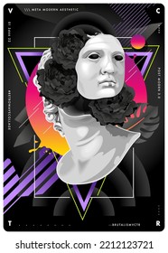 Retrowave abstract design with ancient statue and abstract futuristic elemnts: black flowers, geometric shapes, dynamic lines. Modern poster design template. Vector graphic.