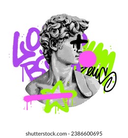 Retrowave abstract mixed media design with ancient statue bust with abstract urban graffiti street art. 90s neon bright dynamic elements. Vector illustration.