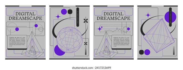 Retrowave aesthetic banners set. Vector realistic illustration of y2k style posters with blue wireframe globe, lines on gray background, retro futuristic vibe flyers, geometric 3D design elements