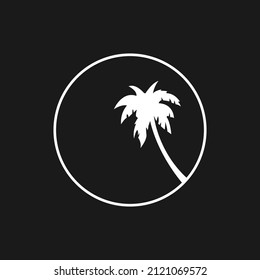 Retrowave aesthetics, the composition of a circle with beach palm tree silhouette. Synthwave black and white composition 1980s style. Design element for retrowave style projects. Vector illustration