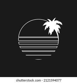 Retrowave aesthetics, the composition of a line circle with beach palm tree silhouette. Synthwave black and white 1980s style. Design element for retrowave style projects. Vector illustration