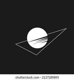 Retrowave aesthetics, the composition of triangle and sun with stripes 1980s style. Synthwave black and white composition. Design element for retrowave style projects. Vector illustration