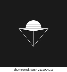 Retrowave aesthetics linear inverted pyramid with a sun on top of it. Synthwave black and white pyramid 1980s style. Retrowave design element for retrowave style projects. Vector illustration