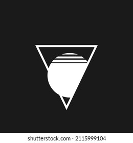 Retrowave aesthetics outline triangle witn sun. Synthwave black and white triangle with sun 1980s style. Retrowave design element for poster, merch in vaporwave style. Vector illustration