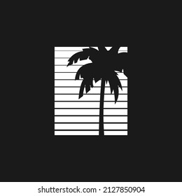 Retrowave aesthetics, silhouette of the beach palm tree on white striped rectangle. Black and white composition 1980s style. Design element for retrowave style projects. Vector illustration