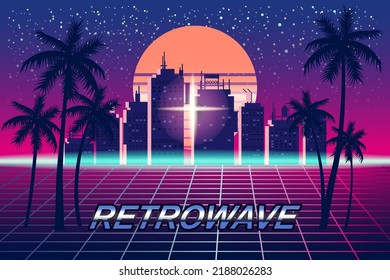 Retrowave banner vaporwave aesthetic background. Futuristic city palms grid 3d, sunset 80 s Synthwave