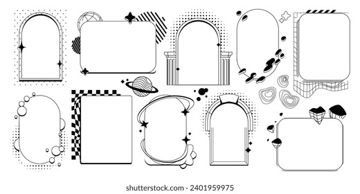 Retrowave black arch frames set isolated on white background. Vector illustration of retro futuristic window, door, gate borders with stars, dots, lines, abstract design elements, vintage y2k banner