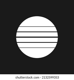 Retrowave black and white sun 1980s style. Synthwave sunset or sunrise. Retrowave circle design element with horizontal stripes for poster, cover, banner, etc. Vector illustration.