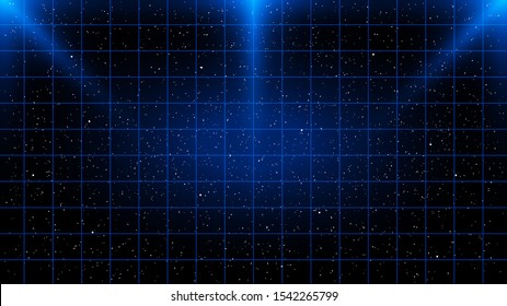 Retrowave blue laser grid on starry space background with three light sources on top and copy space in the center. Eps 10.