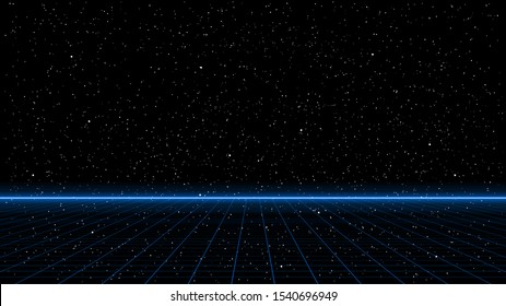 Retrowave blue laser perspective grid with bright horizon line on starry space background. Retrofuturistic cyber landscape illustration in the style of 1980s. Eps 10.