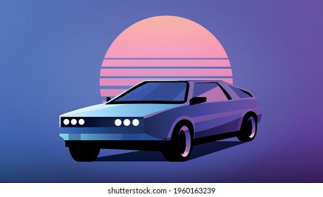 Retrowave car 80s against the background of the striped sun vector illustration