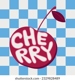 Retrowave checkered trendy poster with cherry groovy lettering. Decorative cute retro graphic print with cherry for t-shirt and other. Hand drawn vector graphic lettering