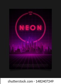 Retrowave cityscape with laser grid, glowing neon pink and purple lights and fog and big neon circle behind the city. Design for flyer, brochure, card, etc. Eps 10 