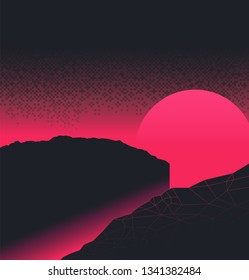 Retrowave cosmic universe mountain and digital glitch / dithering sky scene, glow neon gradient background template aesthetic feeling