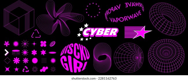 Retrowave design elements in trendy retro cyberpunk 80s 90s style. Y2k aesthetic.