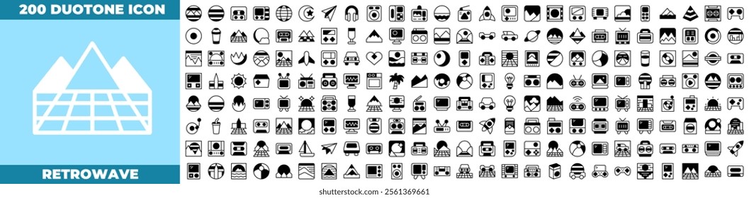 Retrowave Duotone Editable Icons set. Vector illustration in modern thin duotone style of retrowave icons: 80s, retrowave, retro, etc