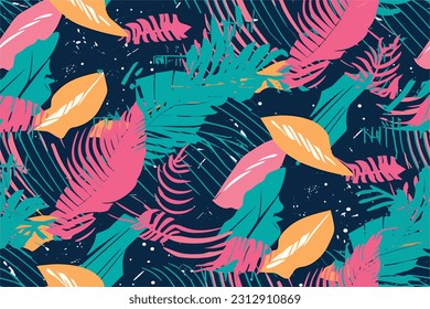 Retrowave exotic leaves summer funky shirt seamless pattern. 80s 90s pop art memphis style. Miami or Hawaii style. Expressive ornament for textile, wrapping. Vector.