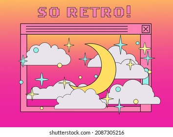 Retrowave fantasy user interface with message box and clouds. Cute vaporwave vector illustration.