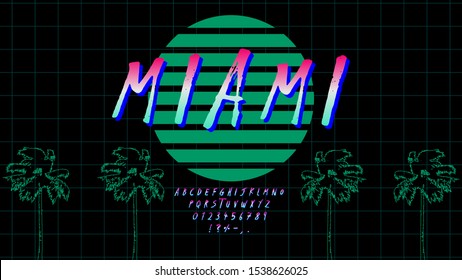 Retrowave font in 80s style. Pink green gradient letters, numbers, symbols on dark background with laser grid and palm sillhouettes. Eps 10