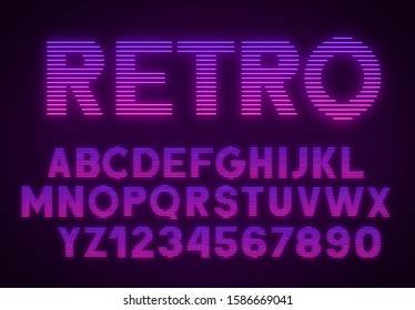 Retrowave Font. Striped Gradient Glowing Letters And Numbers On Dark Background.